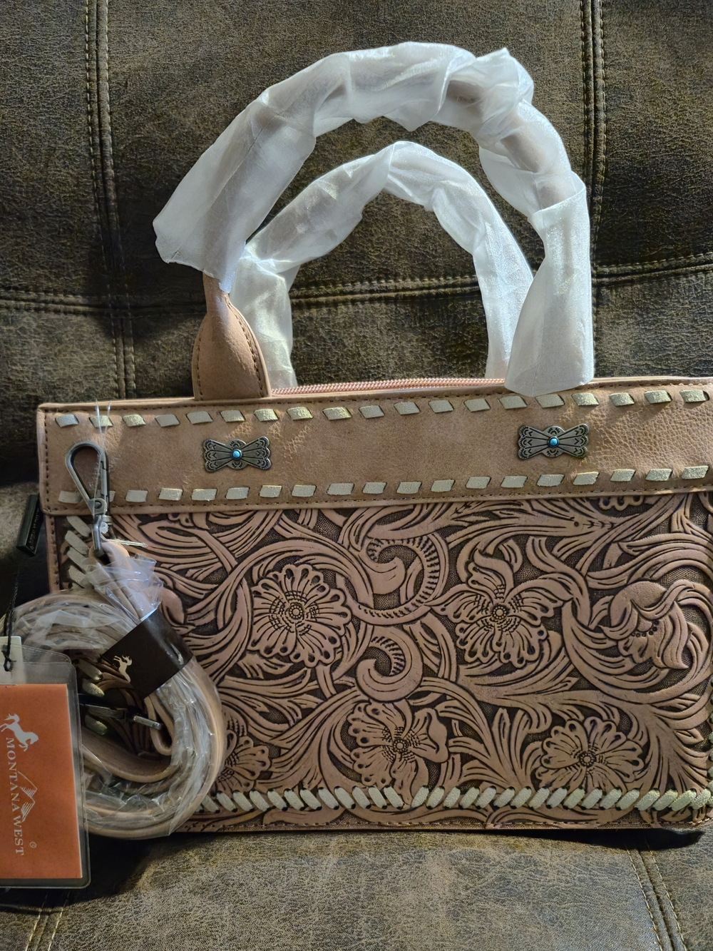 Montana West Embossed Floral Satchel in Light Brown and Tan
